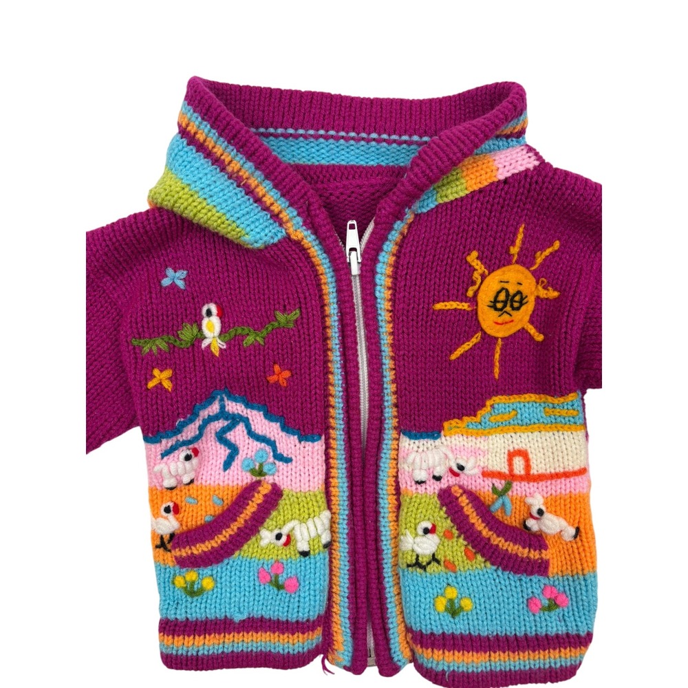 Kids 2T Vintage Style Hand Knit Purple Farm Scene Full Zip Hooded Sweater Multi